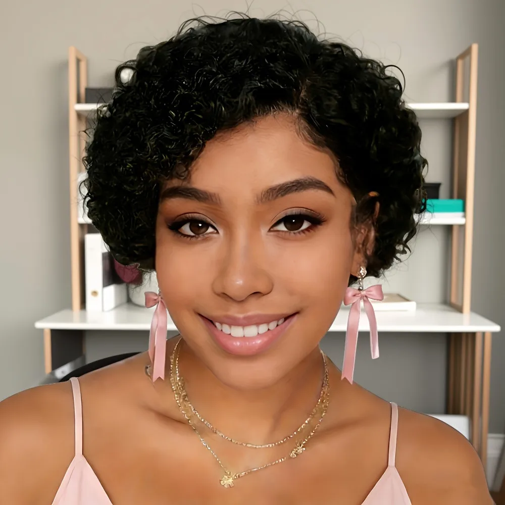 

13x1 T часть кружева 150% плотность парик пикси 6 дюймов короткий вьющийся парик из человеческих волос стрижка пикси натуральный черный цвет ежедневное использование для вечеринок парик Реми