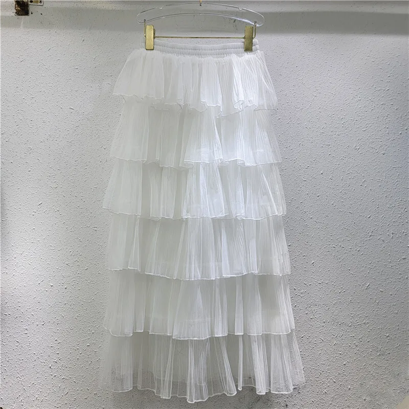 DEAT Women's Skirt Solid Color A-line High Waist Splicing Multi-layer Gauze Cake Long Skirts Spring 2025 New Fashion 29L9466