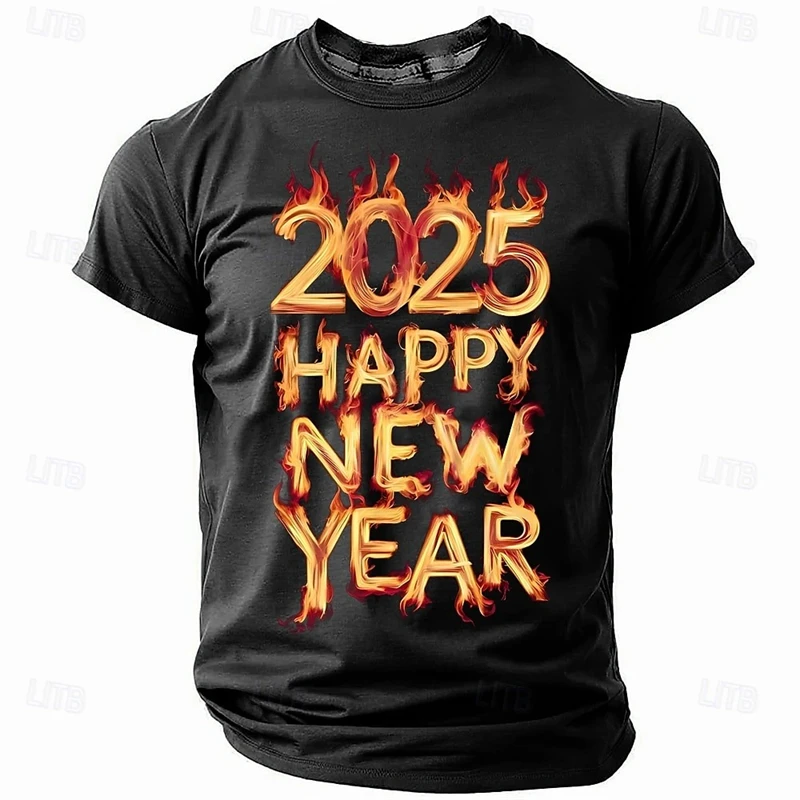 2025 سنة جديدة سعيدة مطبوعة تي شيرت الشارع حفلة بلوزة كاجوال الرجال النساء بسيطة موضة قصيرة الأكمام البيرة نمط المحملة القمم #4