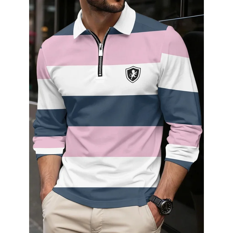 Cotton and polyester men's long-sleeved, high-quality new high-neck striped T-shirt for autumn