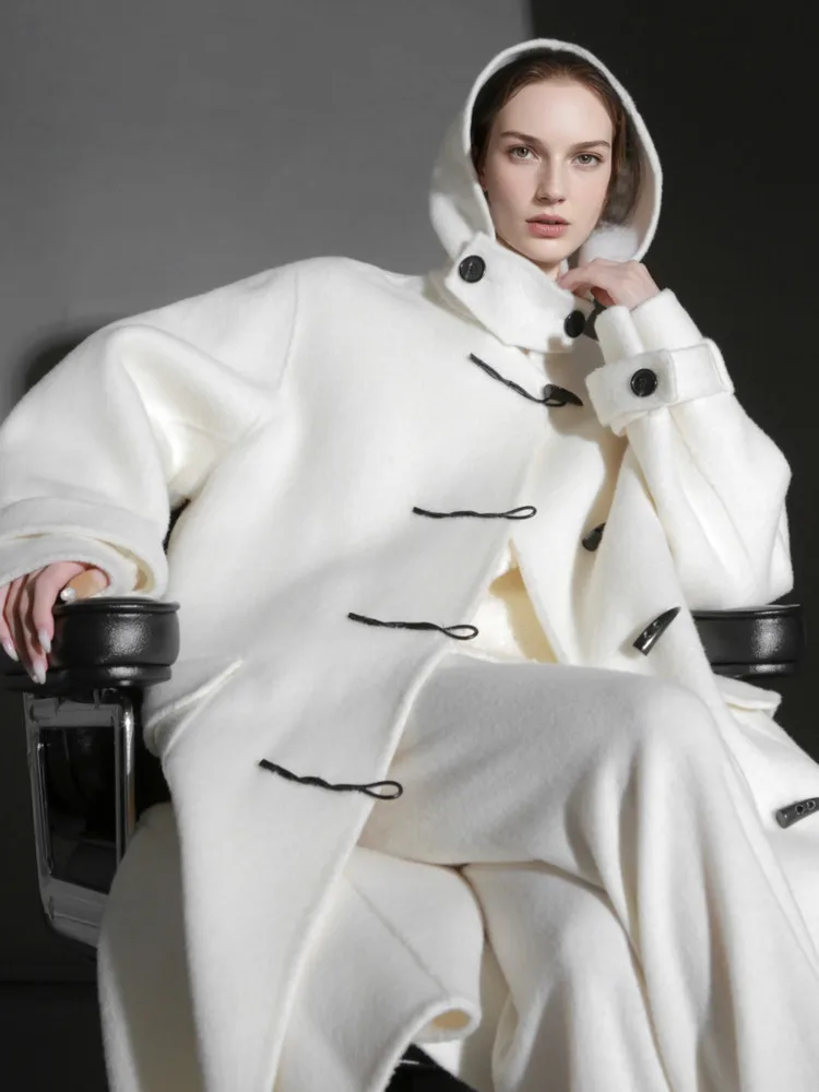 معطف نسائي طويل من مزيج الصوف الأبيض من ZMEENNA مع قلنسوة وإغلاق كبير الحجم ملابس خارجية شتوية طويلة بلون سادة ZM4528