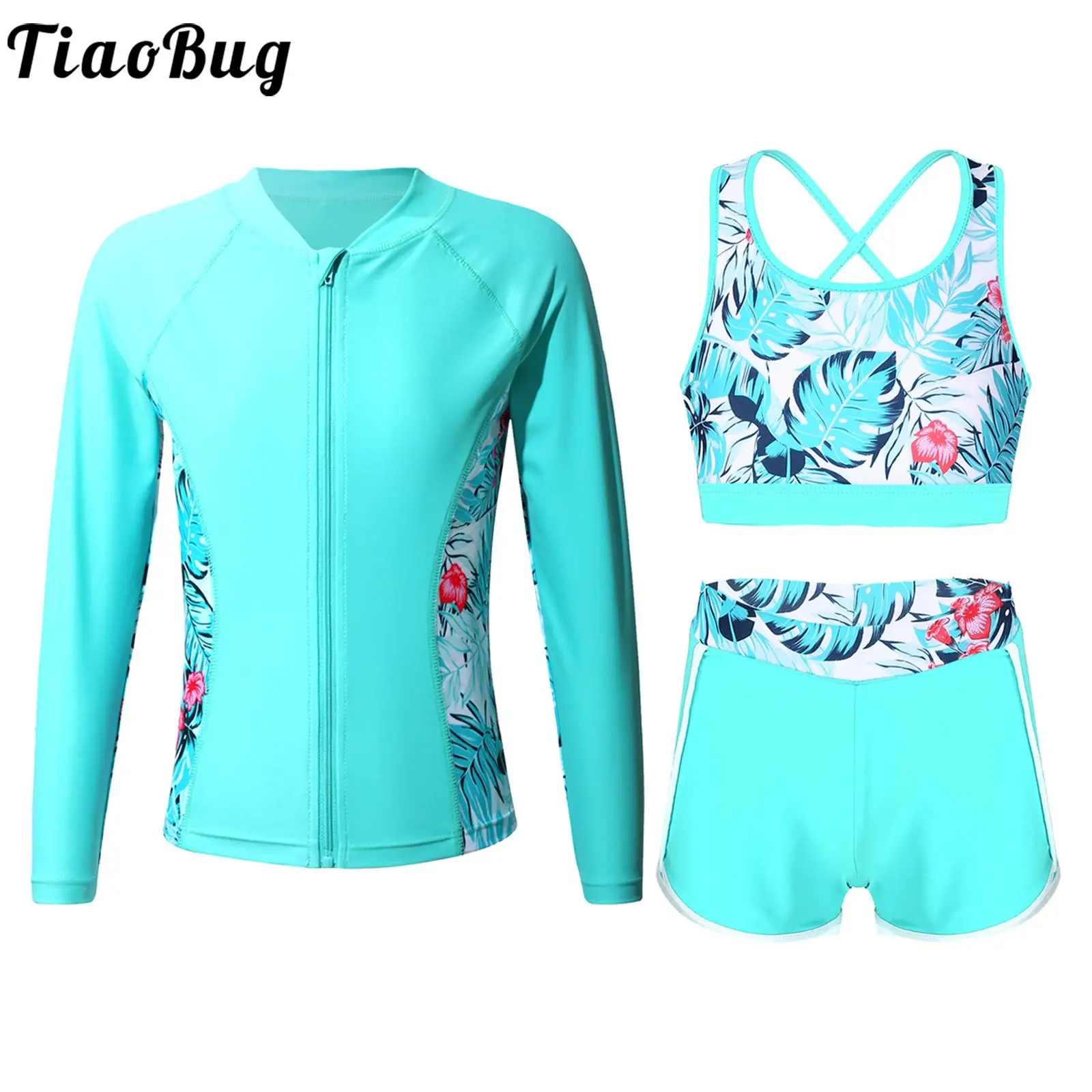 

Kids Girls Swimsuit Sun Protection Rash Guard Long Sleeve Swim Tops with Crop Top Shorts Surfing Bathing Suit Swimwear Beachwear