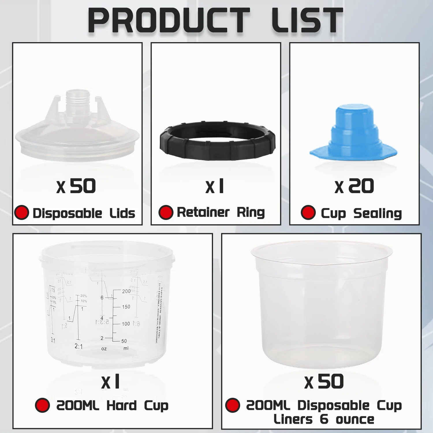 Disposable Paint Spray Gun Cups Liners and Lid System 6 Ounce (200ml) Kit with 50 Cup Liners 50 Lids with 125 Micron Strainer