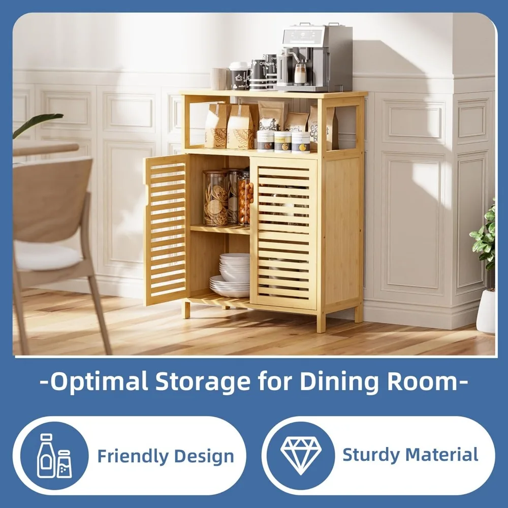 Bathroom Cabinet Freestanding, Bamboo Storage Cabinet 4-Tier Floor Cupboard with Door and Shelf for Bathroom, Kitchen, Hallway,