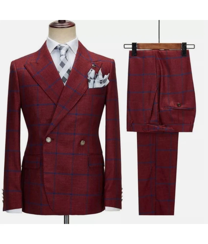 

Graceful Double-breasted slim-fit check suit. Men's casual wedding two-piece suit. Performance outfit. costumes hommes