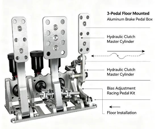 1pcs3-pedal Floor Mounted  Aluminum Brake Pedal Box kit New Style Racing Master cylinder pump Hydraulic Clutch Bias 1pcs