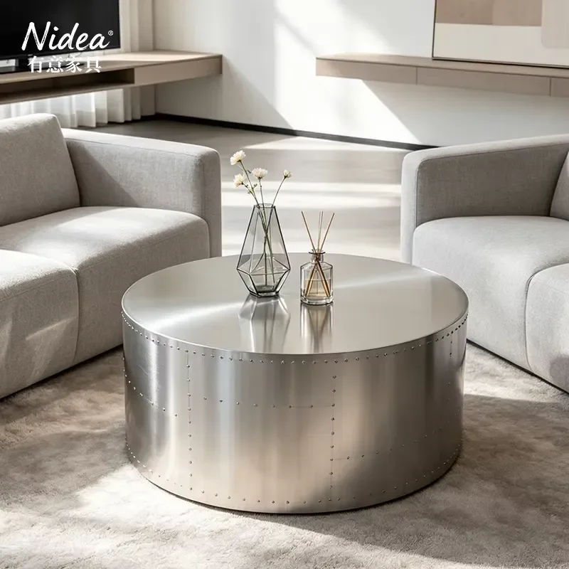 Modern Industrial Aviator Aluminum Coffee Table Large Round Metal Drum Center Table Minimalist Riveted Accent Table