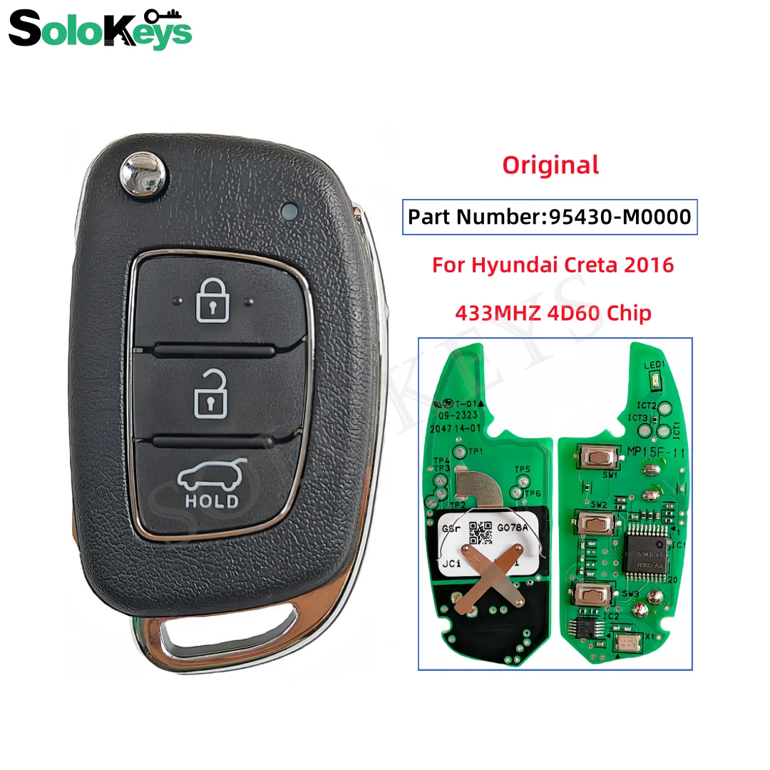 

SOLOKEYS Part Number:95430-M0000 For Hyundai Creta 2016 Original Folding Remote Control Key 3 Button 433MHz 4D60 Chip With LOGO