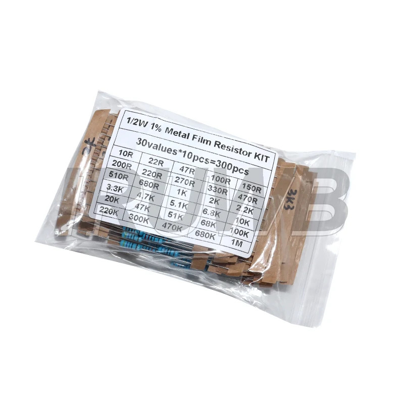 300PCS 1/4W 1/2W 1W Resistance Set 1% Metal Film Resistor Assortment Kit 10R - 1M Ohm 30Kinds*10pcs=300PCS