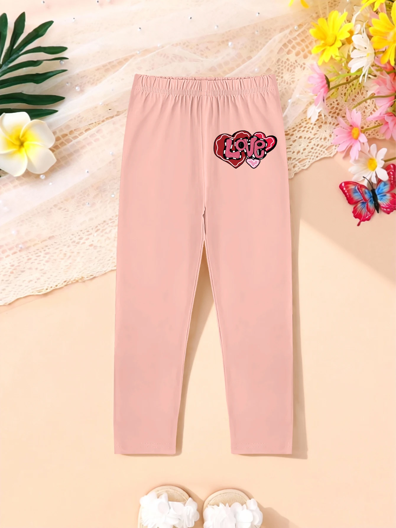 1 pieces: Valentine's Day Cartoon Love & Heart Print Girls' Sweet Leggings for Autumn