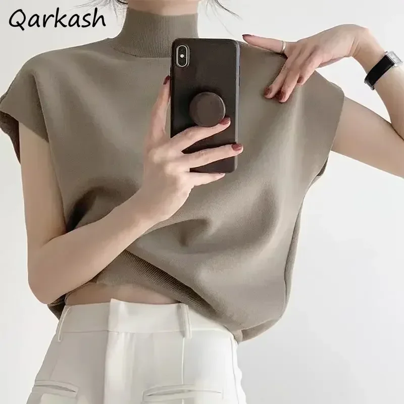 

Sweater Vest Women Half High Collar Vintage Spring Knitting Casual Office Ladies Simple Harajuku Korean Style All-match stylish