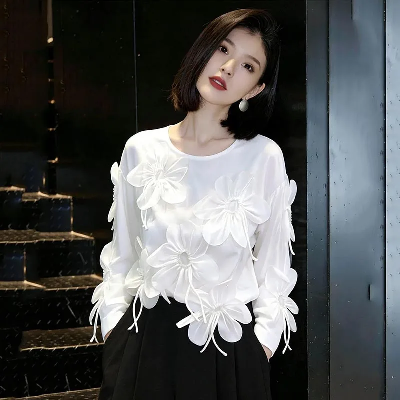Design 3D Floral Long-sleeved Tops Women Blouse Spring Summer Shirts Womens Shirts Luxury Office Lady Blouses White Black