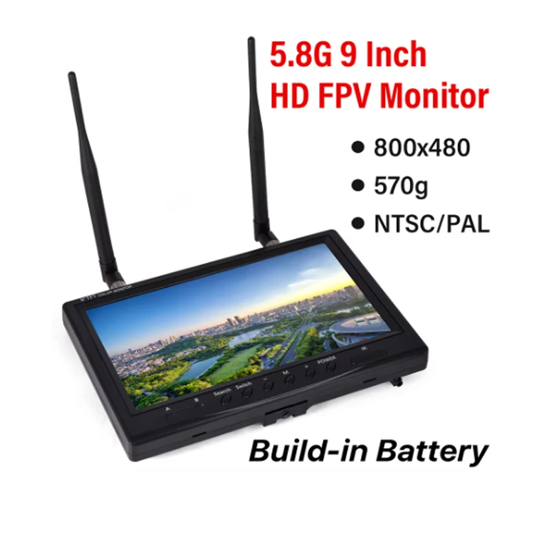 FPV 드론 RC 쿼드콥터용 자동 검색 내장 배터리, 5.8G 9 인치 FPV 모니터, LCD HD 스크린, 800x480 16:9 NTSC/PAL