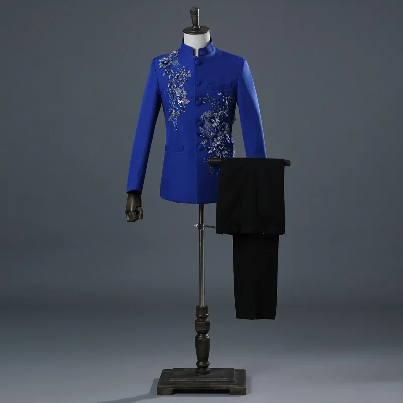Bilateral Inlaid Flowers and Diamonds Chinese Tunic Suit for Men, Singers Stage Stand-up Collar Performance Clothing 2-piece Set