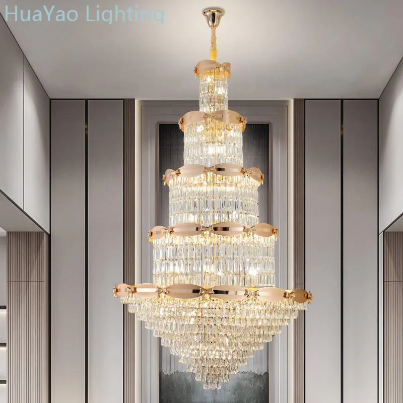 European Crystal Stair Chandelier Light Luxury Creative Villa Duplex Luxury Hollow Building Hotel Luxury Hanging Lighting