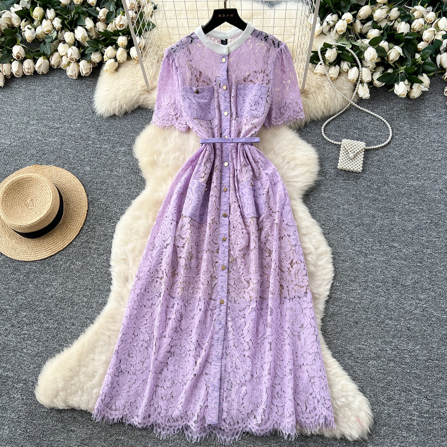 Chic vintage Single Breasted lace short sleeve slim Elegant Fairy korean fashion Boho women clothing Long dress