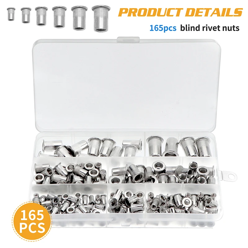 

165Pcs Blind Rivet M3 M4 M5 M6 M8 M10 Rivnut Stainless Steel Carbon Steel Flat Head Threaded Insert Nut Kit