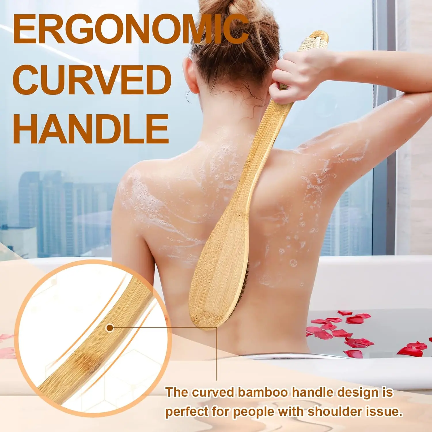 Bamboo Back Scrubber for Shower with Curved Long Handle, Shower Brush Exfoliating Brush with Natural Horse Bristles