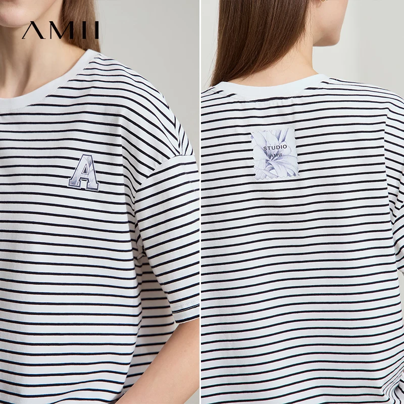 Amii Minimalist T-shirt Women Loose Elastic Striped Pure Cotton Dropped Shoulder Short Sleeves Printed Casual Tee Tops 12522002