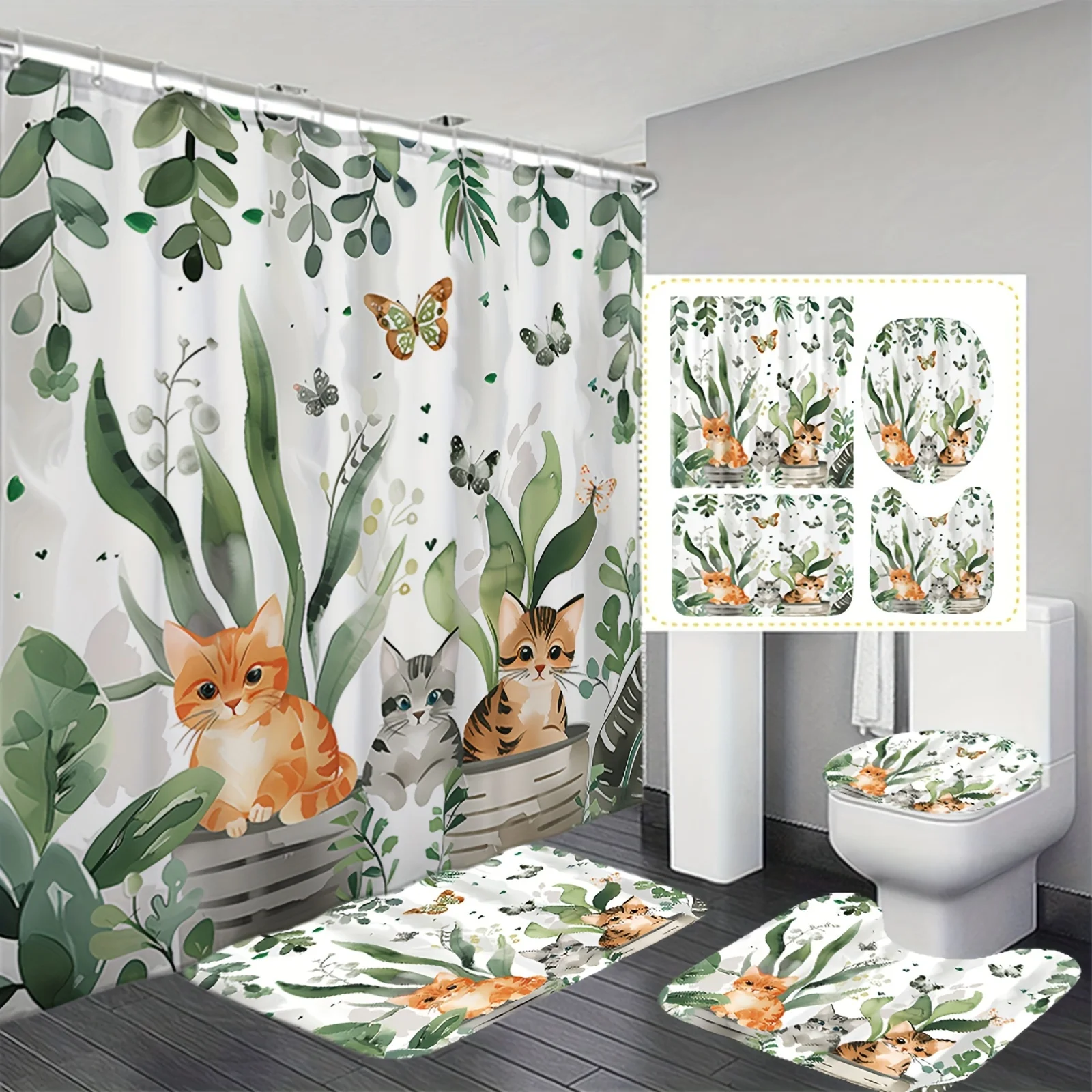 

4-компонентная полиэфирная ткань с рисунком кота, занавеска для душа, нескользящий коврик для ванной, коврик для сиденья унитаза и U-образный коврик