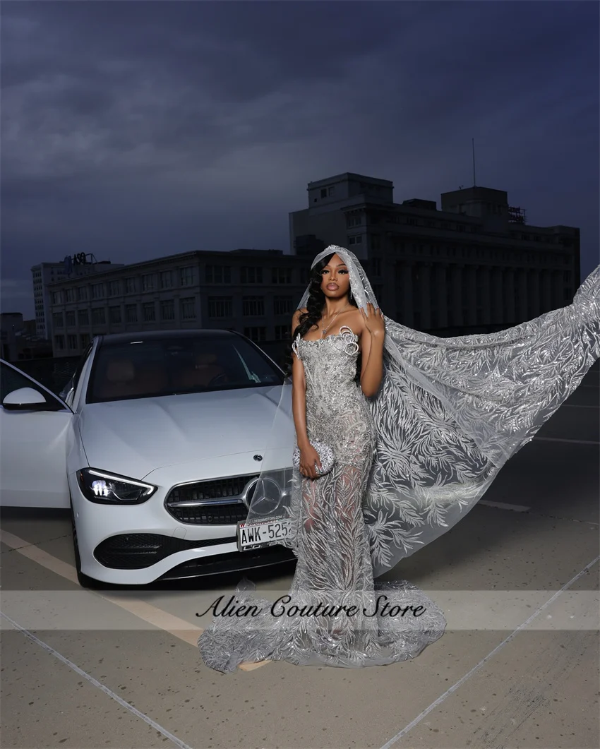 Elegant Silver Luxury African Evening Dresses With Cape Crystal Beading Wedding Reception Party Prom Gowns Customized image 3