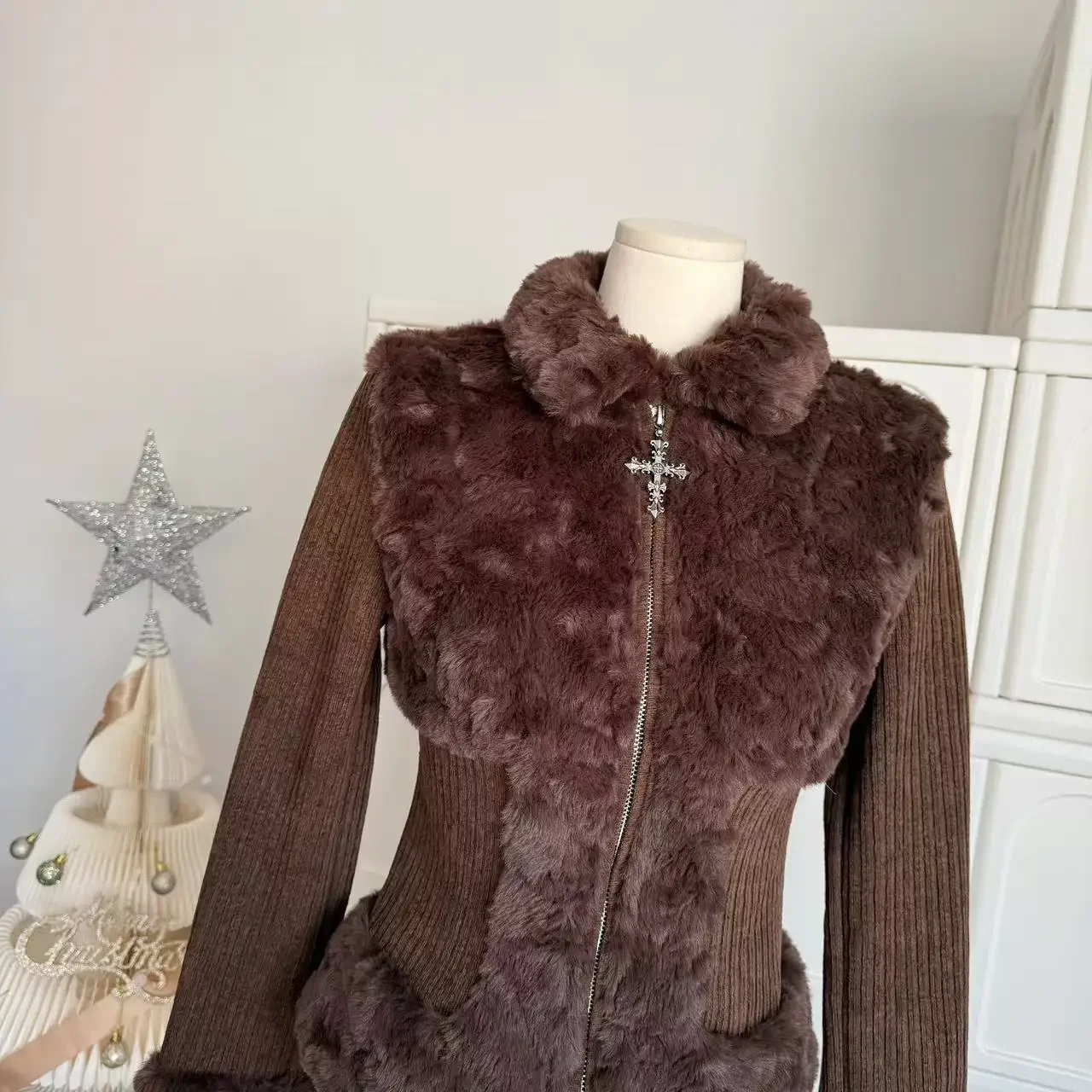 Veste en Fourrure à Revers pour Femme, Marron, Vintage, Fermeture Éclair Combinée, Moelleux, Manches sulf, Épissage Mince, Rétro, Mode de Rue Décontractée Y2k