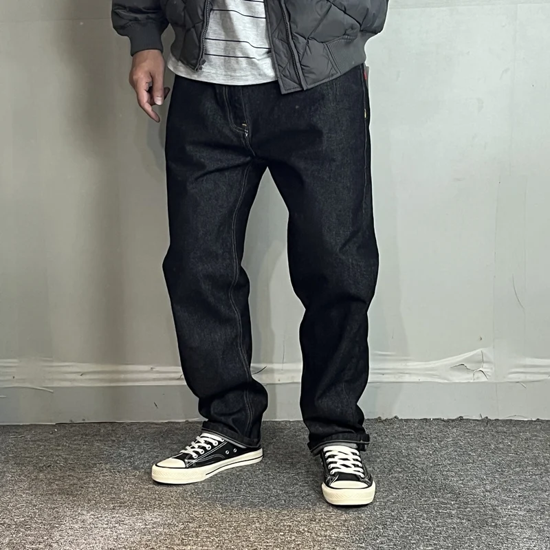 

heavy primary color destarched jeans Men retro slim-fit small straight feet Black denim cattle pants fashion autumn and winter