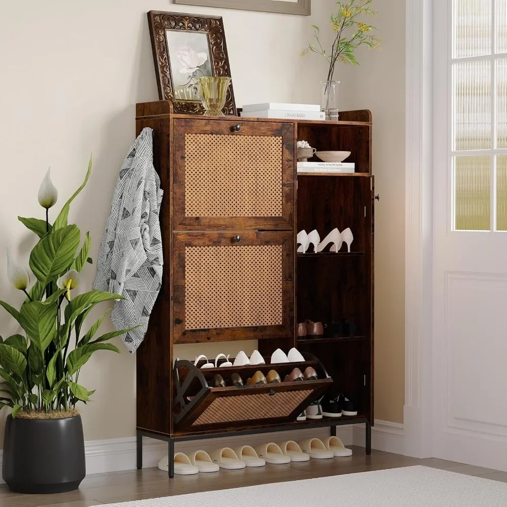 

Shoe Cabinet with 3 Flip Drawers, Natural Rattan Shoe Cabinet with 4 Open Side Cabinets, Hidden Wooden Shoe Rack with Metal Legs