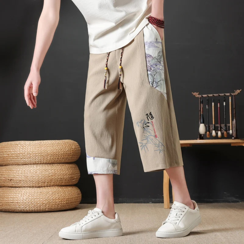 

Мужские летние повседневные брюки из ледяного шелка, модные свободные брюки до колена с принтом восьминадцати длины, прямые брюки