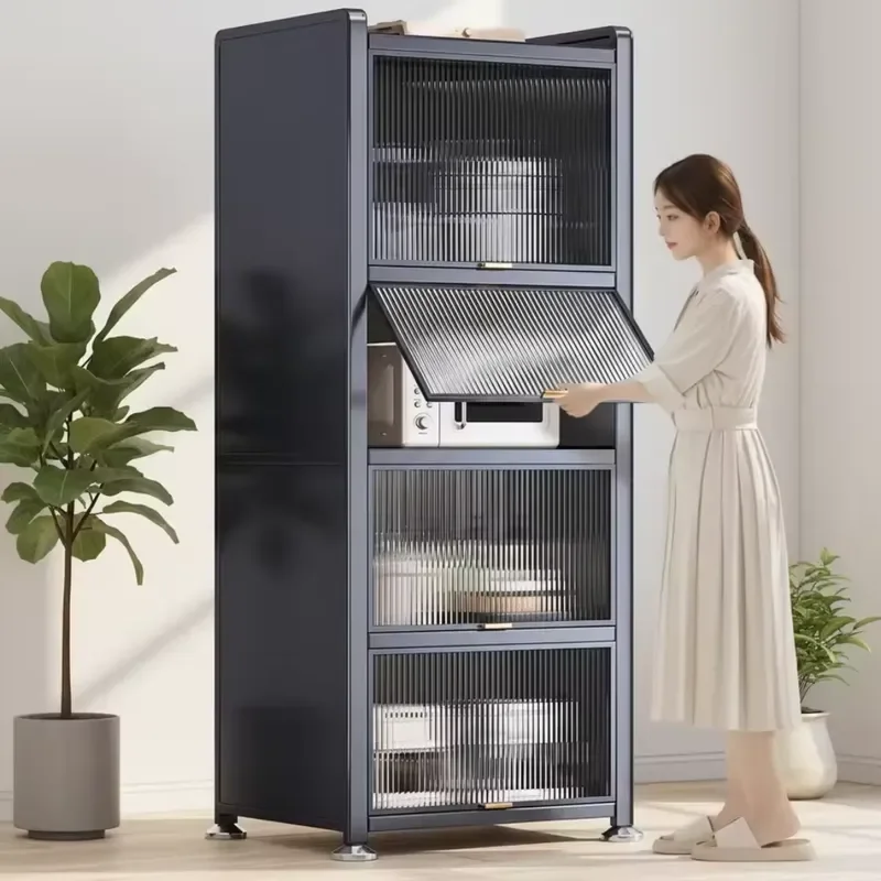 Floor Ceiling Kitchen Storage Cabinet Multi-Layer Sliding Glass Door Steel Construction Modern Large Capacity Storage Rack