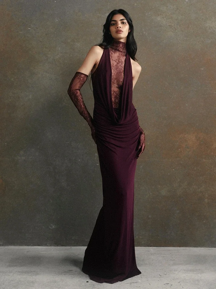 

Sexy Turtleneck Lace Patchwork Women Long Dress with Glovers Elegant Sleeveless Backless Ruched Celebrity Evening Party Gowns