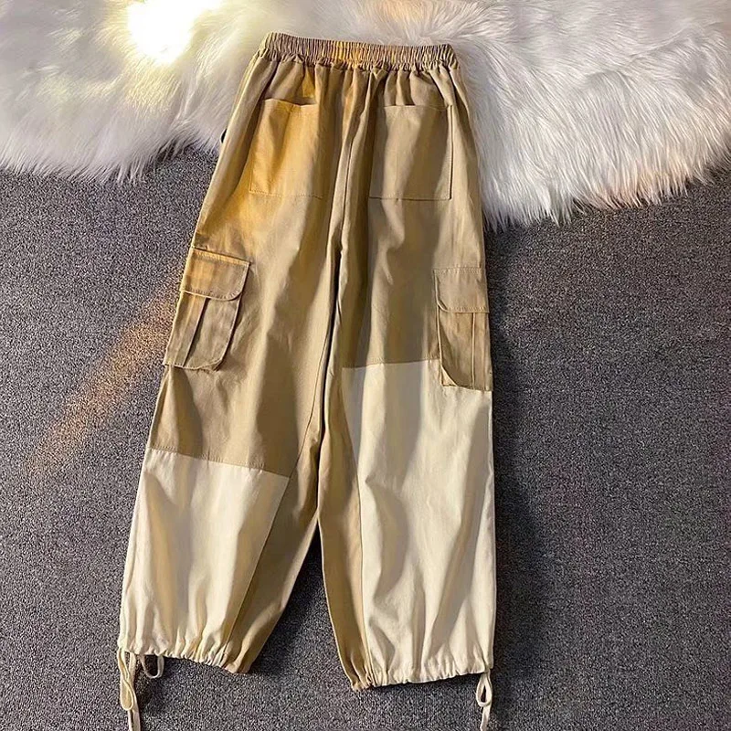 Street Casual Multiple Pockets Color Matching Men's Cargo Pants Classic Straight Cylinder All-match Waist Drawcord Male Trousers