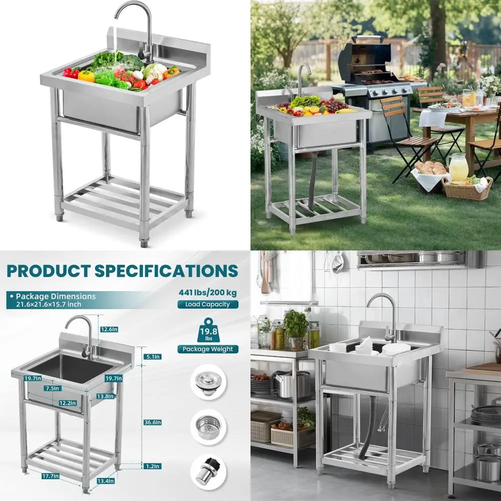 

Универсальная раковина из нержавеющей стали, отдельно стоящая раковина для стирки с одной чашей и трубками для горячей/холодной воды для уличных кухонь и гаражей