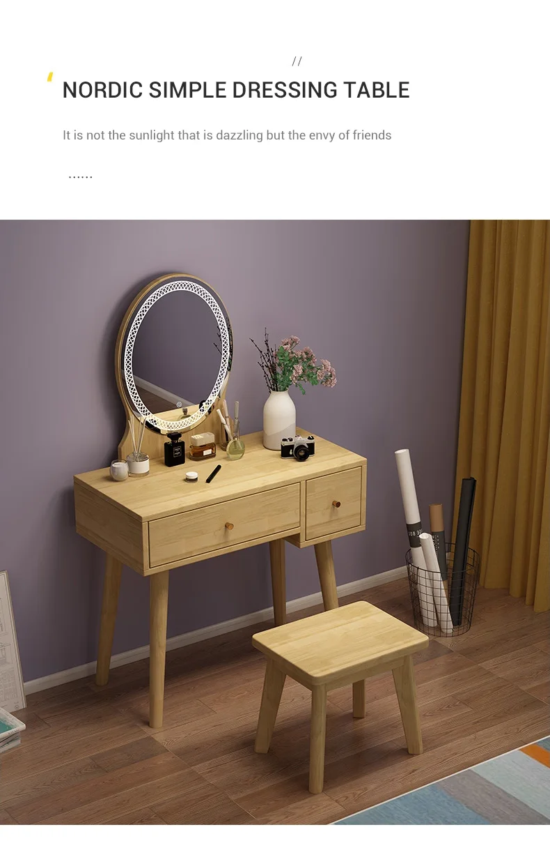 #2025 Nordic Beautiful Modern Home Bedroom Furniture Drawer Organiser Wooden Makeup Vanity Dressing Table Set with Mirror
