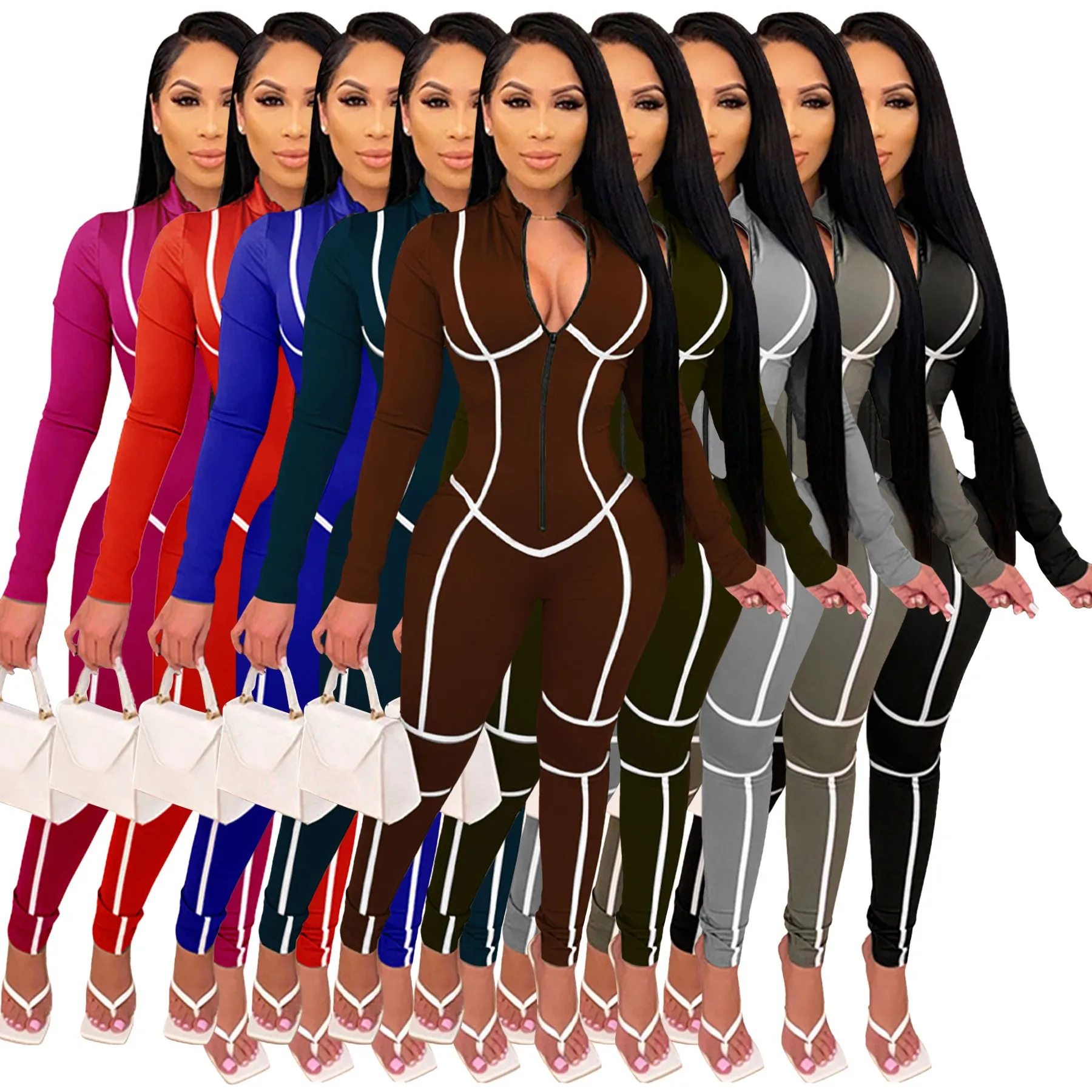 

Winter Women's Clothing Slim Fit High Waist Long Sleeve Sexy Full Body Jumpsuit For Woman Polyester Pencil Tight Bodysuit