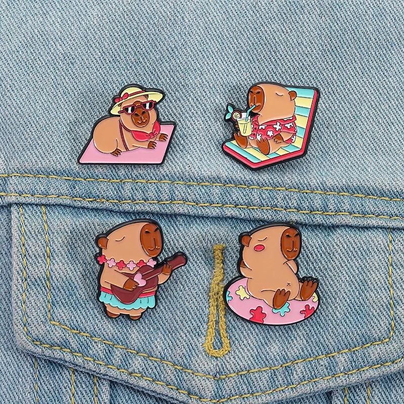 Cartoon Cute Finless Dolphin Metal Enamel Pin Holiday Style Capibala Brooches Lapel Badges Gift for Kids Friends