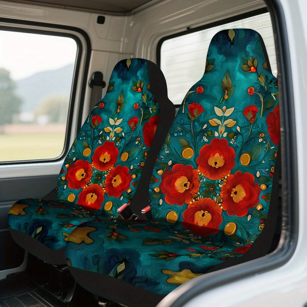 Set Of 2, Car Seat Covers With Floral Kaleidoscope Design – Complete Set For Front Seats, Universal Fit, High-Quality And Long-L