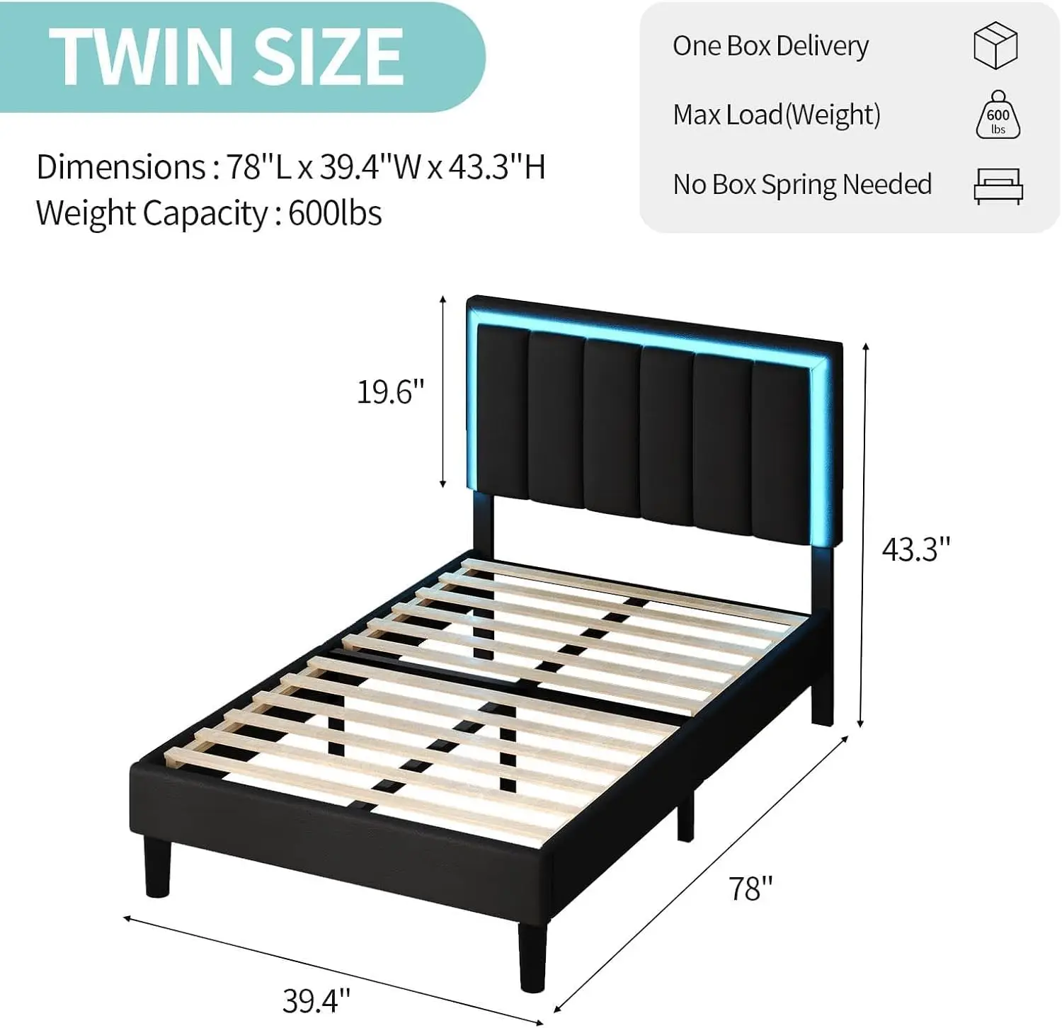 Twin Bed Frames, Upholstered Bed Frame Twin Size with Headboard, RBG LED Lights, Heavy Duty Wood Slats Support, Noise-Free, No Box Spring Needed, Easy Assembly, Black
