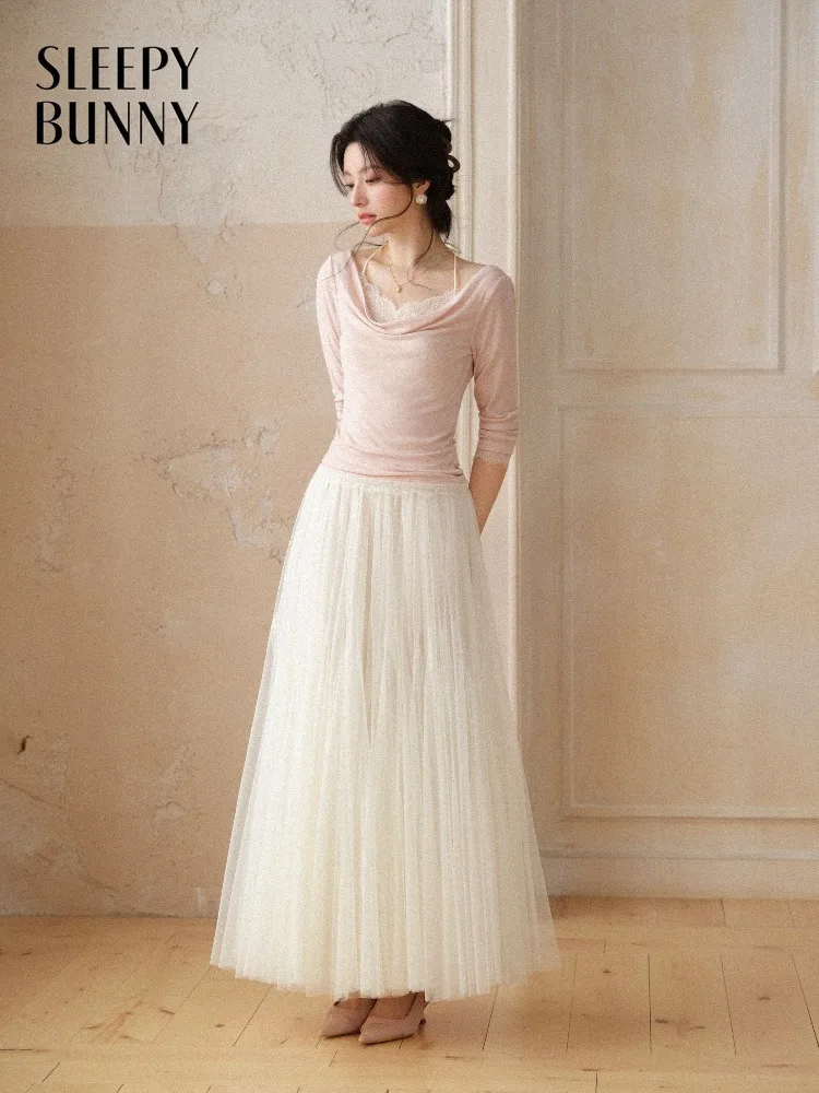 

Women Lace Layered Top Skirt Set Slim Halter Tee A Line Maxi Skirt Elegant Flowing Two Piece Outfit Summer Fairy Style Lady Wear