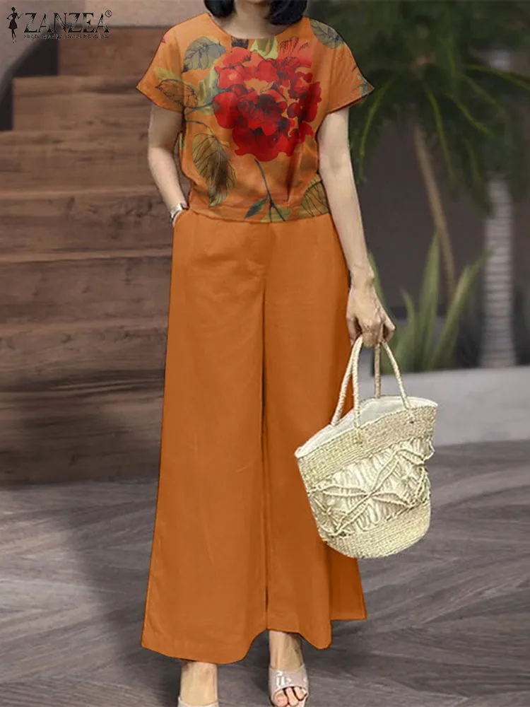 

ZANZEA 2PCS Women Summer Pant Sets Vintage Short Sleeve Blouse Loose Trousers Suit Casual Floral Matching Sets Woman Outfits