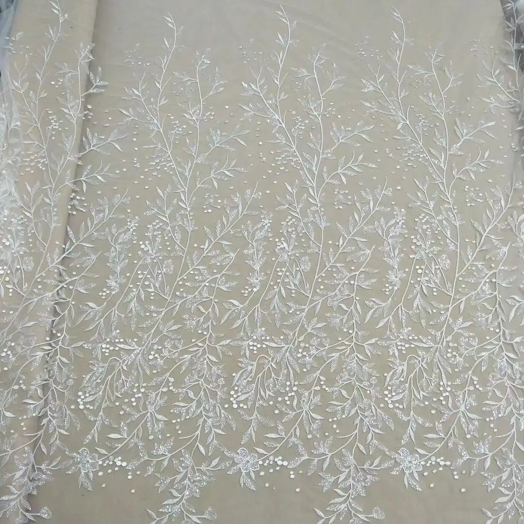 2022 new small leaves off-white wedding dress women\'s fabric lace accessories with sequin width 130cm