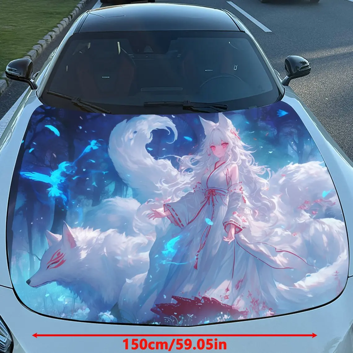 Blue Flame Spirit Fox Enchantress Car Vinyl Wrap, PVC Material Waterproof Car Hood Sticker, Self-Adhesive Scratch-Resistant Stic