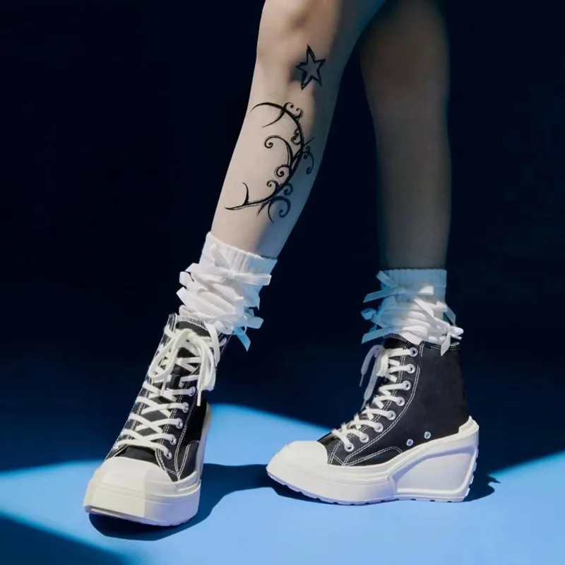 أحذية نسائية قماشية للفصول الأربعة، ربطة رأس مستديرة جديدة، أحذية عالية الكعب بكعب منحدر خفيفة الوزن وسميكة من الأسفل #3