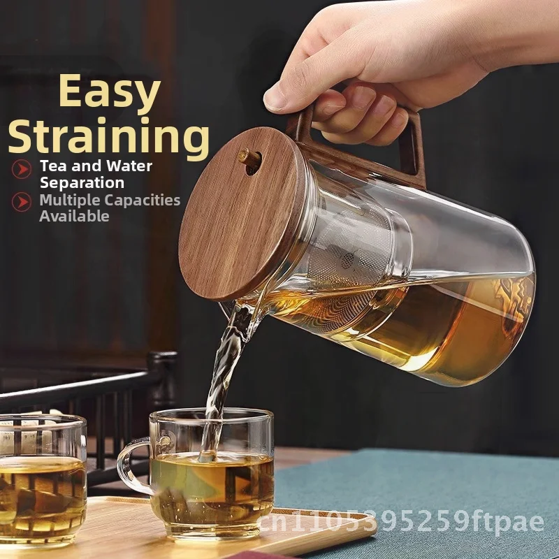Borosilicate Glass Lazy Teapot with One-Click Filter Piaoyi Cup Walnut Full Glass Liner Tea Separation Set 500ml/750ml Capacity