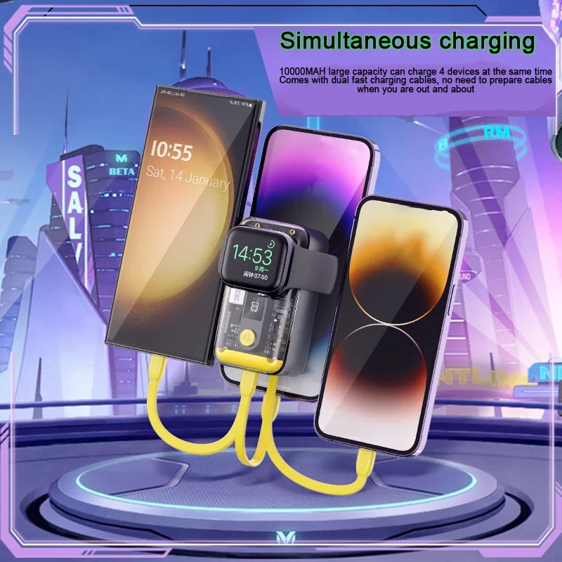 

10000mah Wireless Charger PD20W Portable Battery Source PowerBank for iWatch iPhone 11/12/13/14/15 Series with Built-in Cable