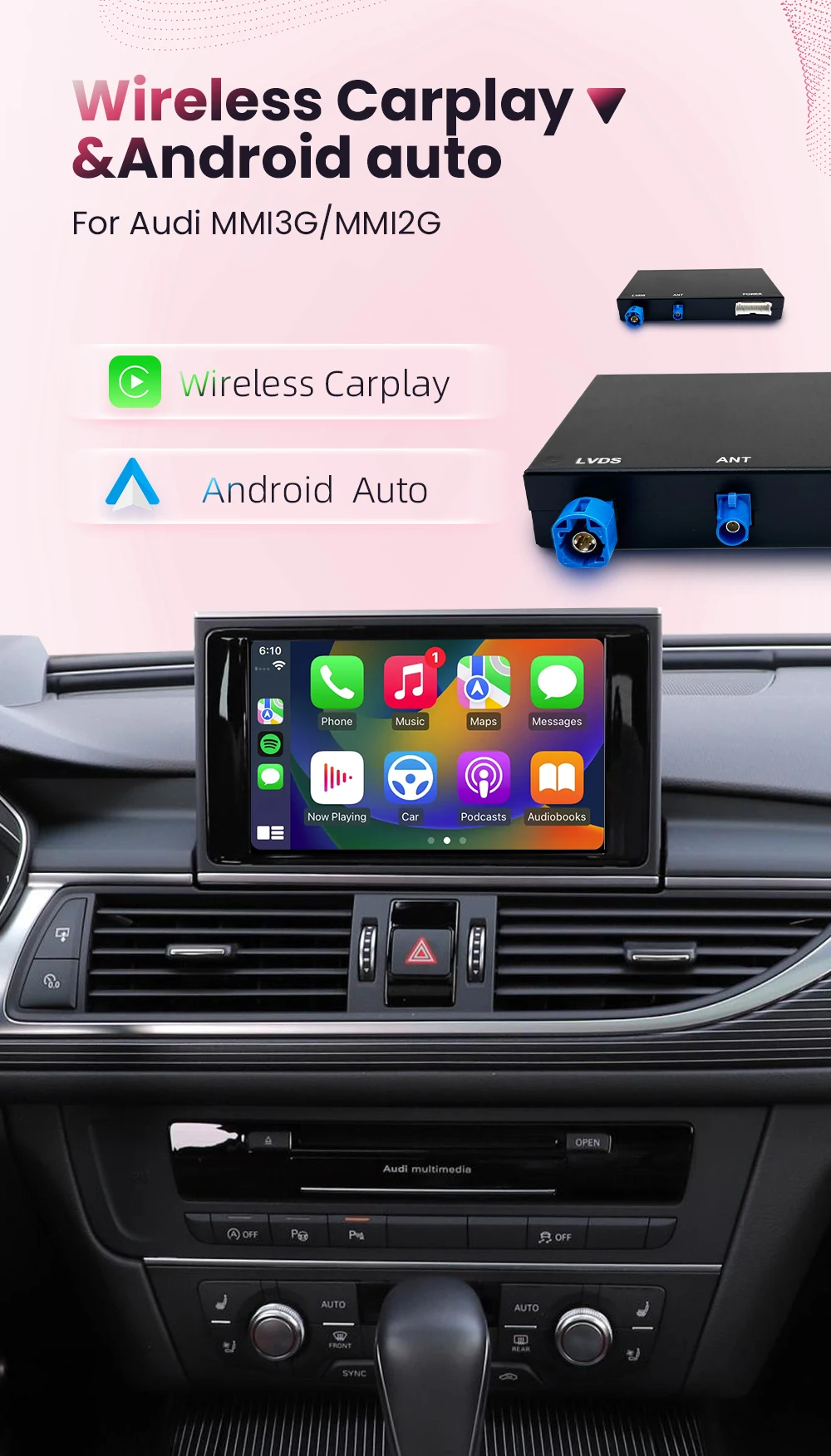 BONROAD Drahtloses CarPlay-Schnittstellenmodul für Audi A6 A7 A4 A5 Q3 A1 Q5 mit Android Auto Mirror Link AirPlay Bluetooth – Detail 1