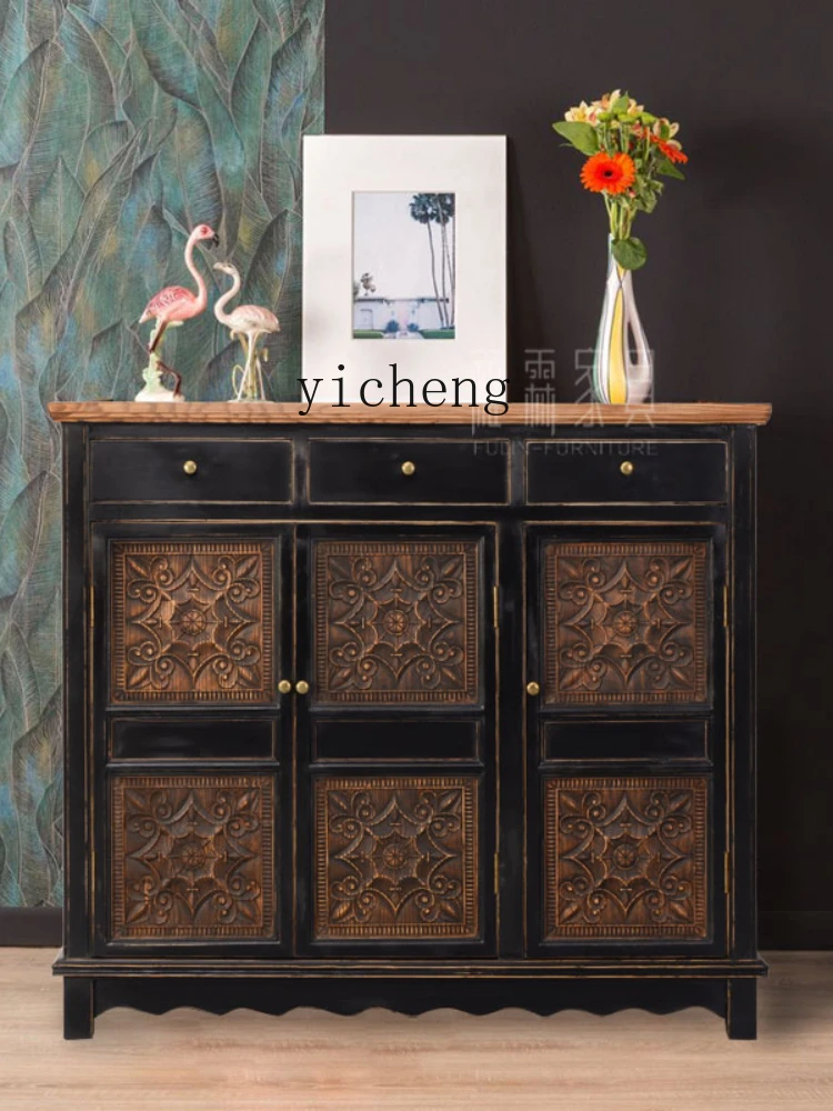 XC Retro Distressed Side Cabinet Southeast Asian Style Furniture Thai Solid Elm Shoe Cabinet Shoe Cabinet Corridor Hallway