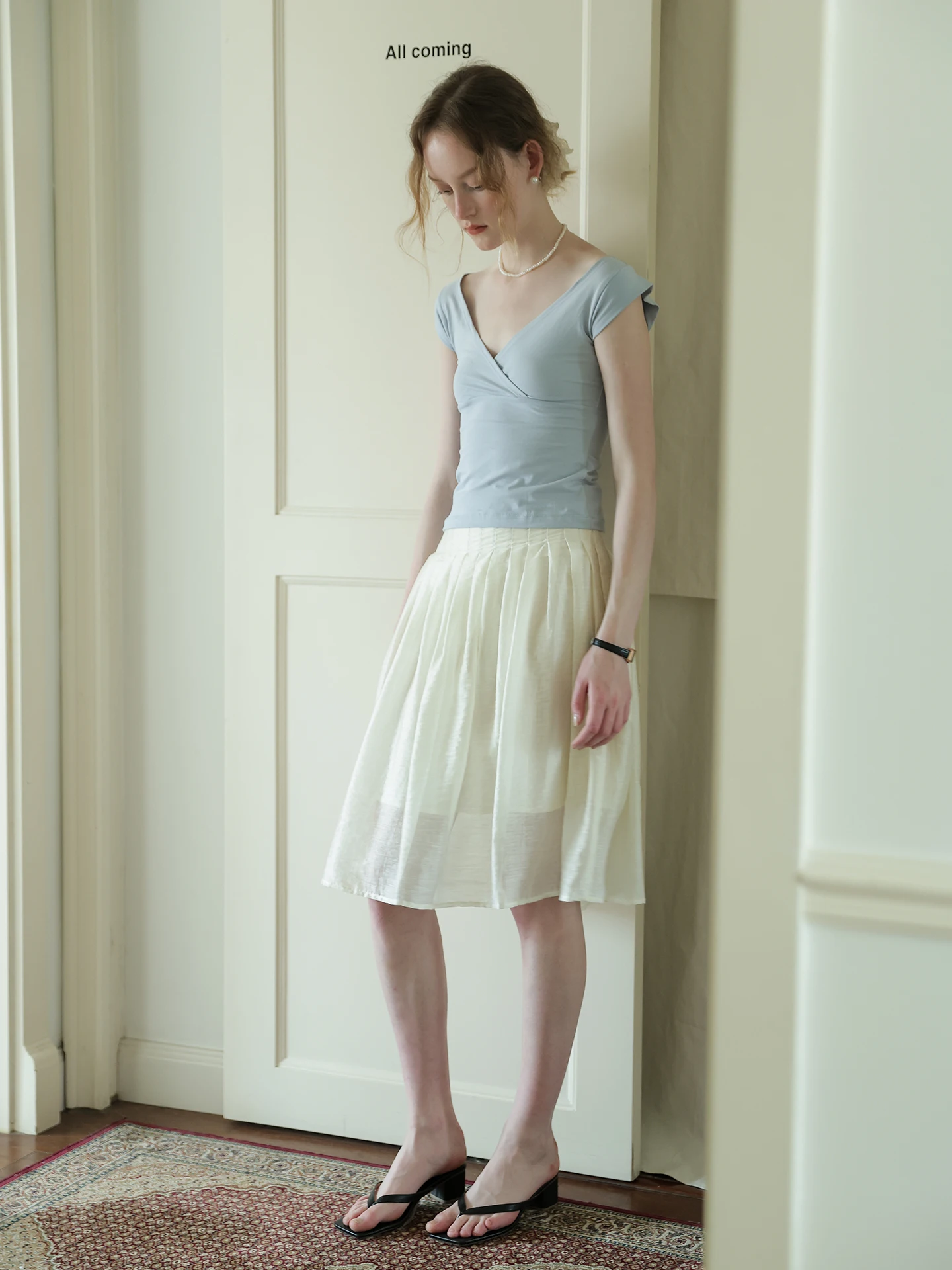 Spring White Women's A-Line  Skirt High Waist Thin Heavy Design Sense Summer Versatile Half Skirt Gathered Skirts
