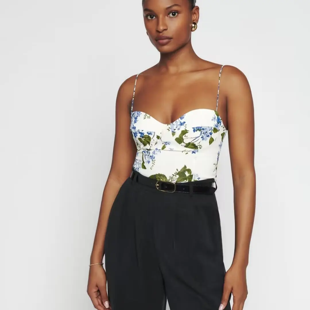 

ZBZR Spring New Women's Svel Slim Fit Floral Print Vaion Tank Top Faionable Belted Casual Wear Polyester Fiber