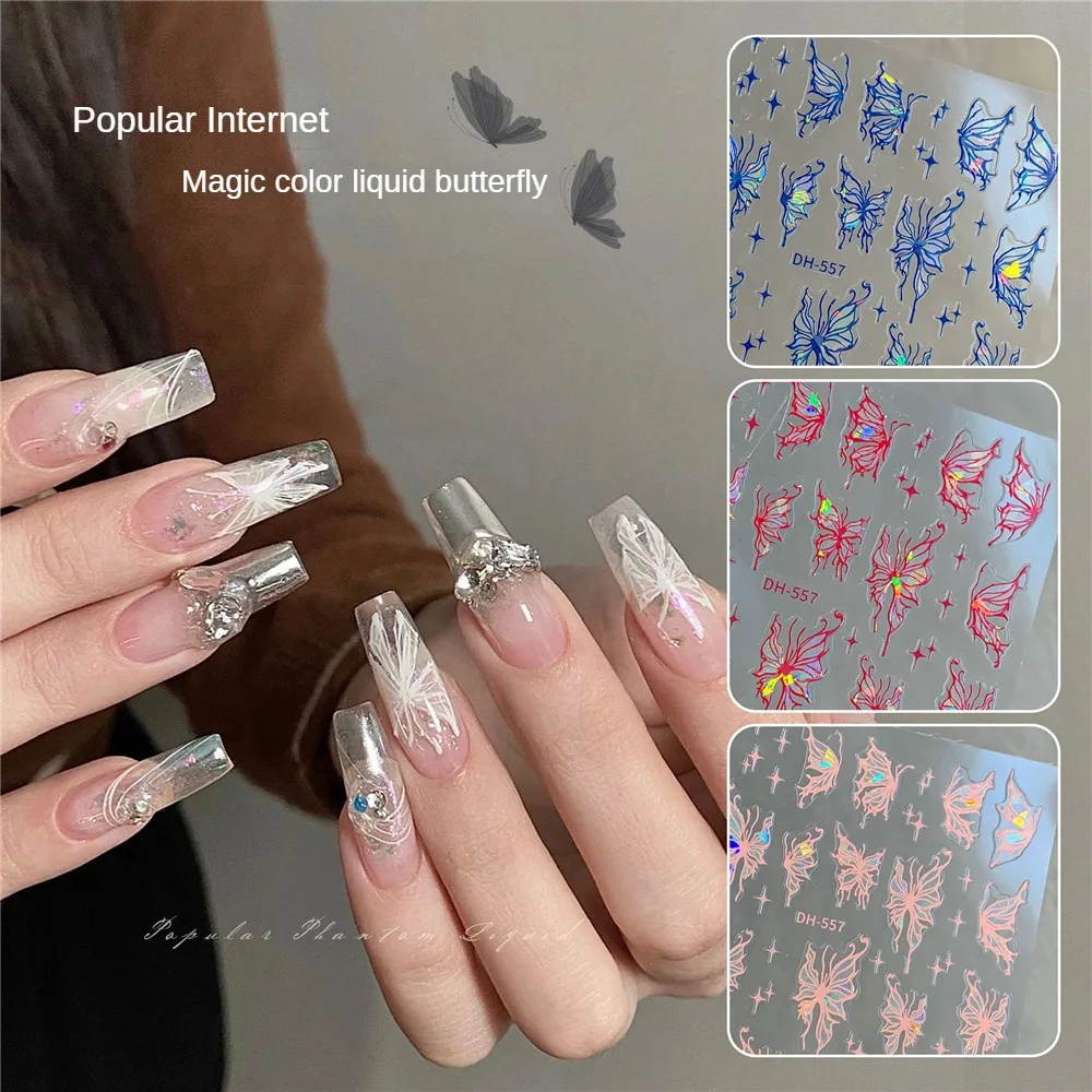 Liquid Butterfly Nail Art Sticker Unique Butterfly Design Bulk Supply Fashionable Shell Glow Lasting Butterfly Manicure Net Red